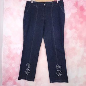 Escada Dark High Waist Floral Ruffle Straight Leg Jeans Size Large